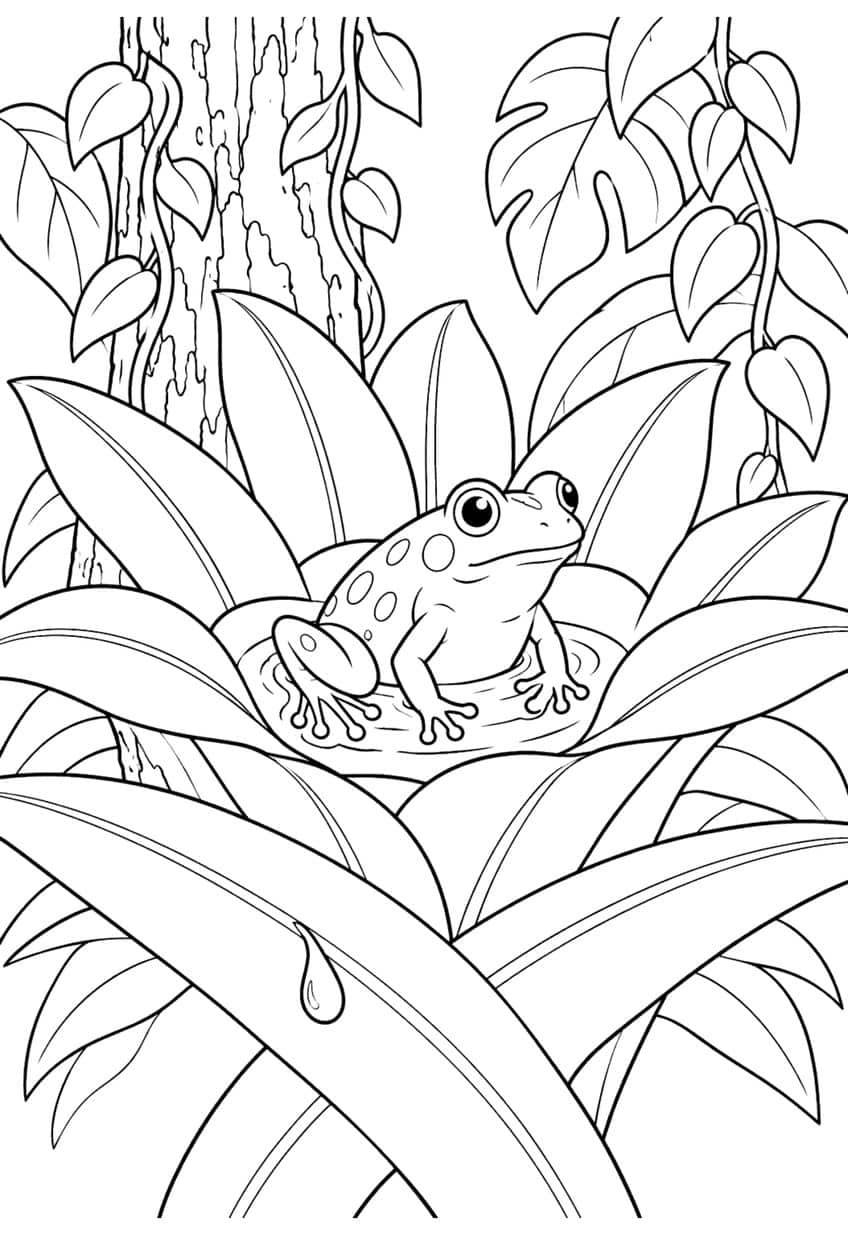 Coloring page of a spotted frog sitting in the water of a jungle bromeliad