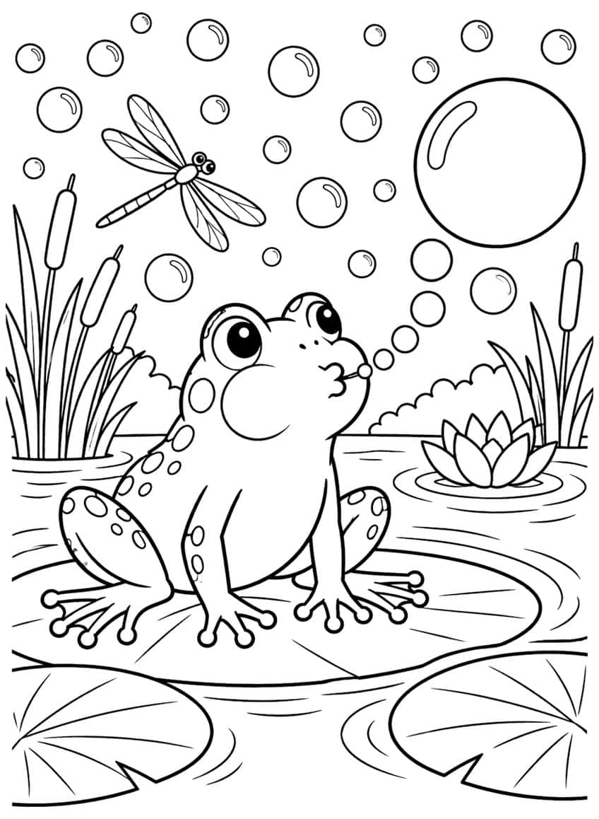 Coloring page of a spotted frog blowing bubbles on a lily pad, with a dragonfly and cattails