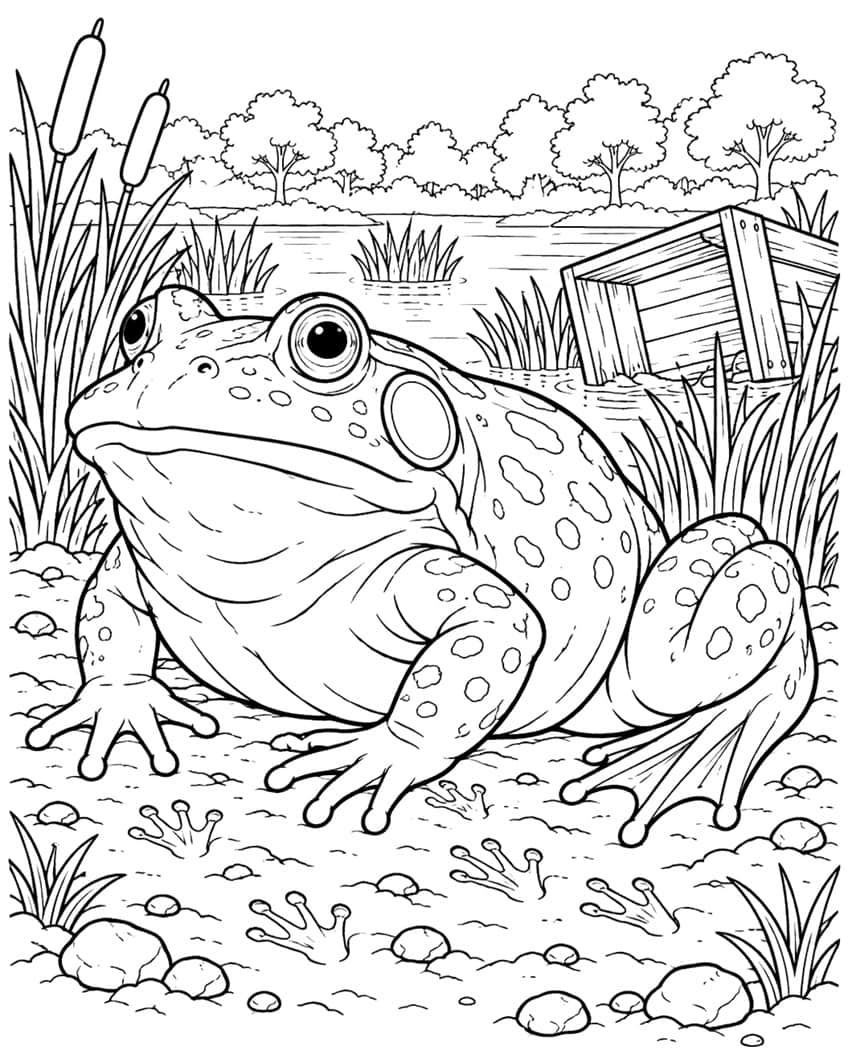 Coloring page of a large spotted bullfrog on a muddy pond bank with cattails and footprints