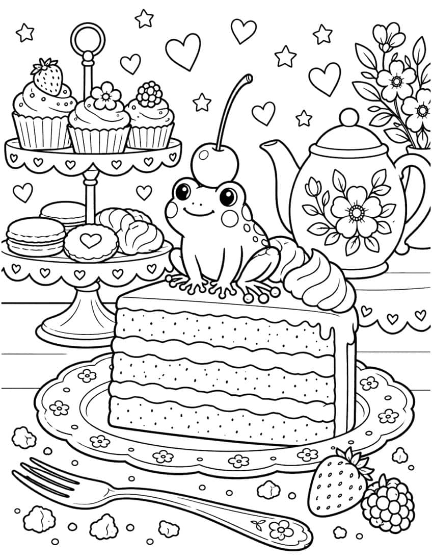 Frog coloring page with a frog on a slice of layer cake next to cupcakes and a teapot