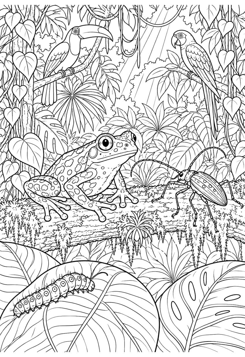 Coloring page of a spotted frog on a mossy log with a beetle, toucan, parrot and caterpillar