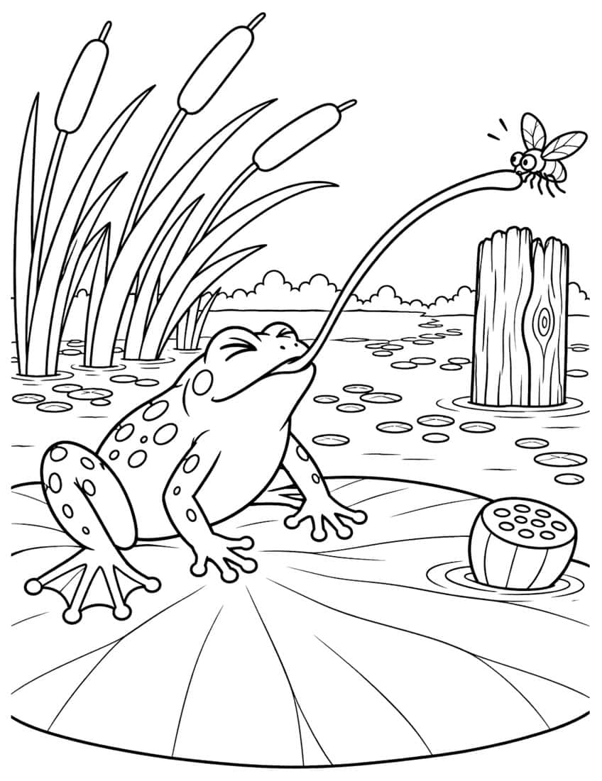 Coloring page of a spotted frog on a lily pad catching a fly with its long tongue