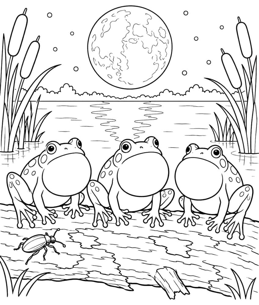 Coloring page of three frogs singing on a log by a pond under a full moon