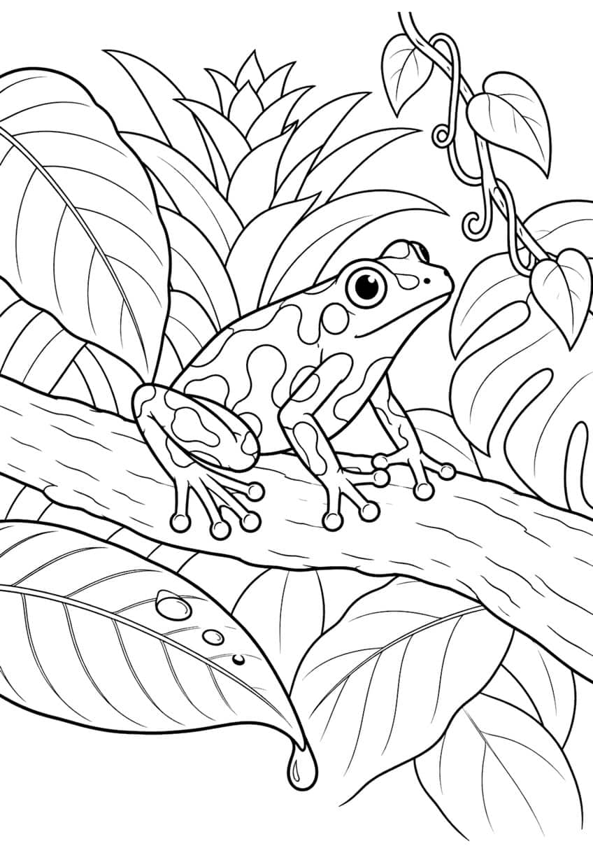 Coloring page of a spotted poison dart frog sitting on a branch surrounded by jungle leaves