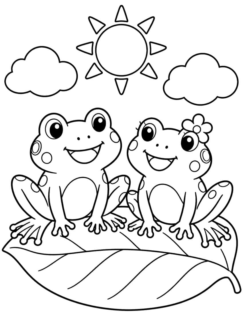 Coloring page of two smiling frogs sitting on a leaf under the sun and clouds