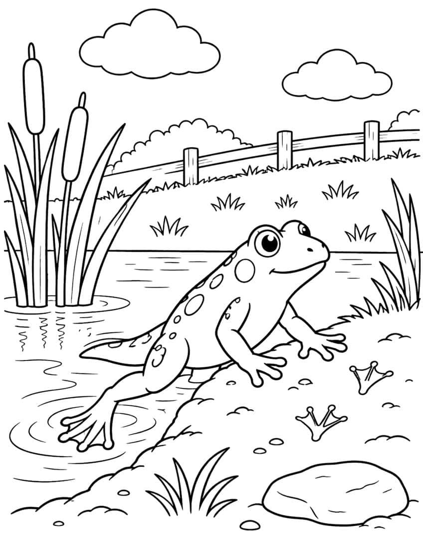 Coloring page of a spotted froglet with a tail climbing out of a pond near cattails and a fence