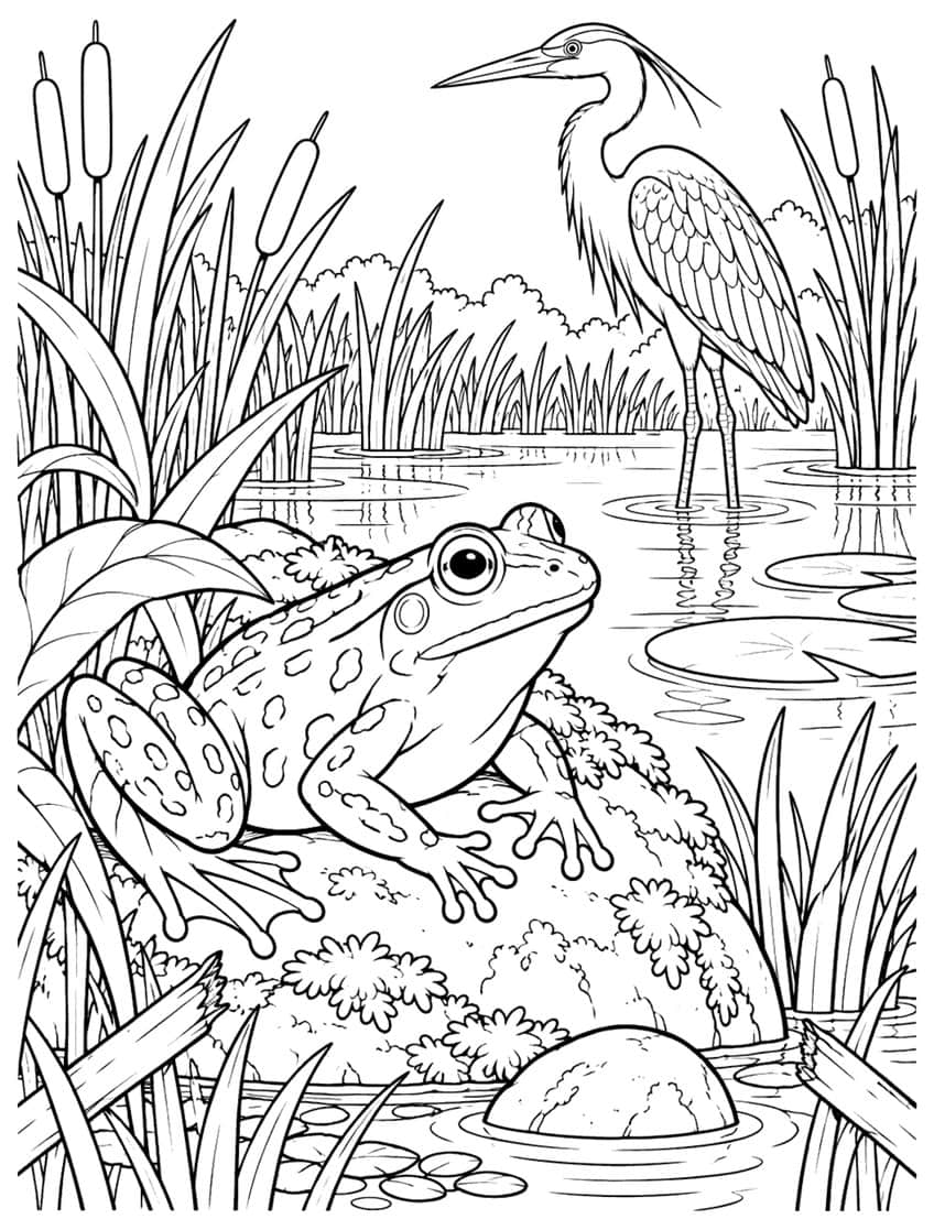 Frog coloring page with a spotted frog on a mossy rock and a heron wading among cattails