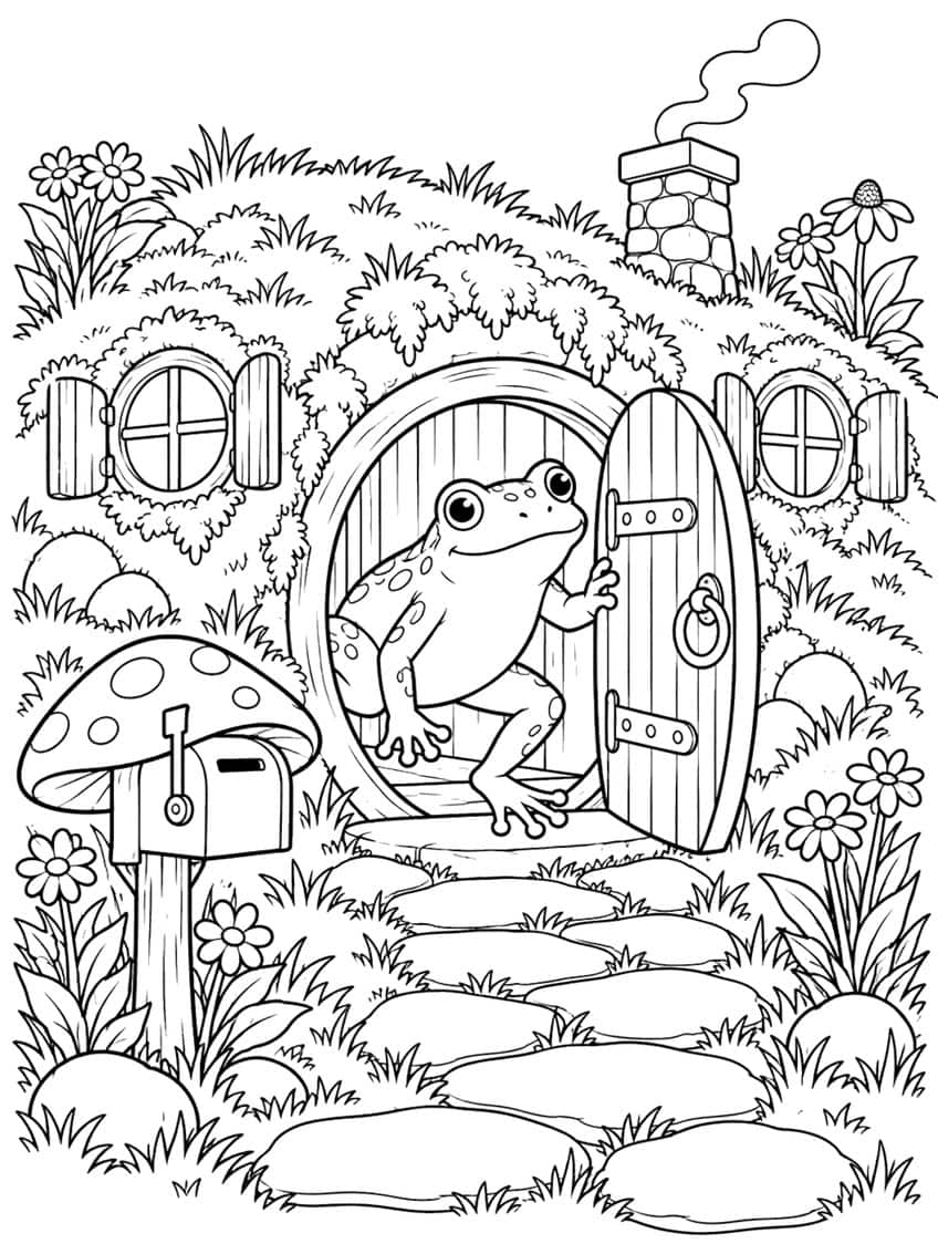 Coloring page of a frog opening the round door of a grassy hill house with a mushroom mailbox