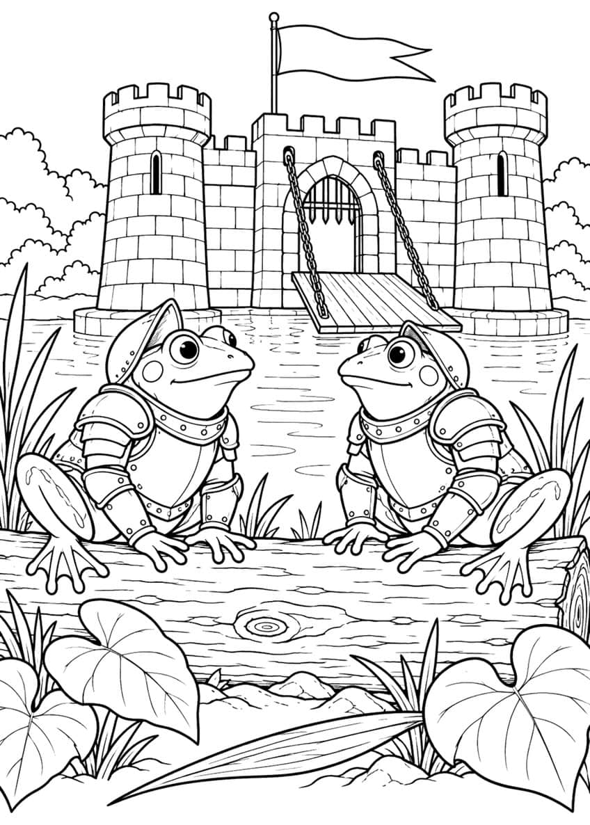 Coloring page of two armored frog knights on a log in front of a castle with a drawbridge
