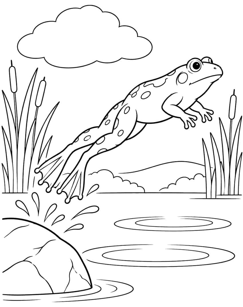 Coloring page of a spotted frog leaping from a rock over a pond with cattails and ripples