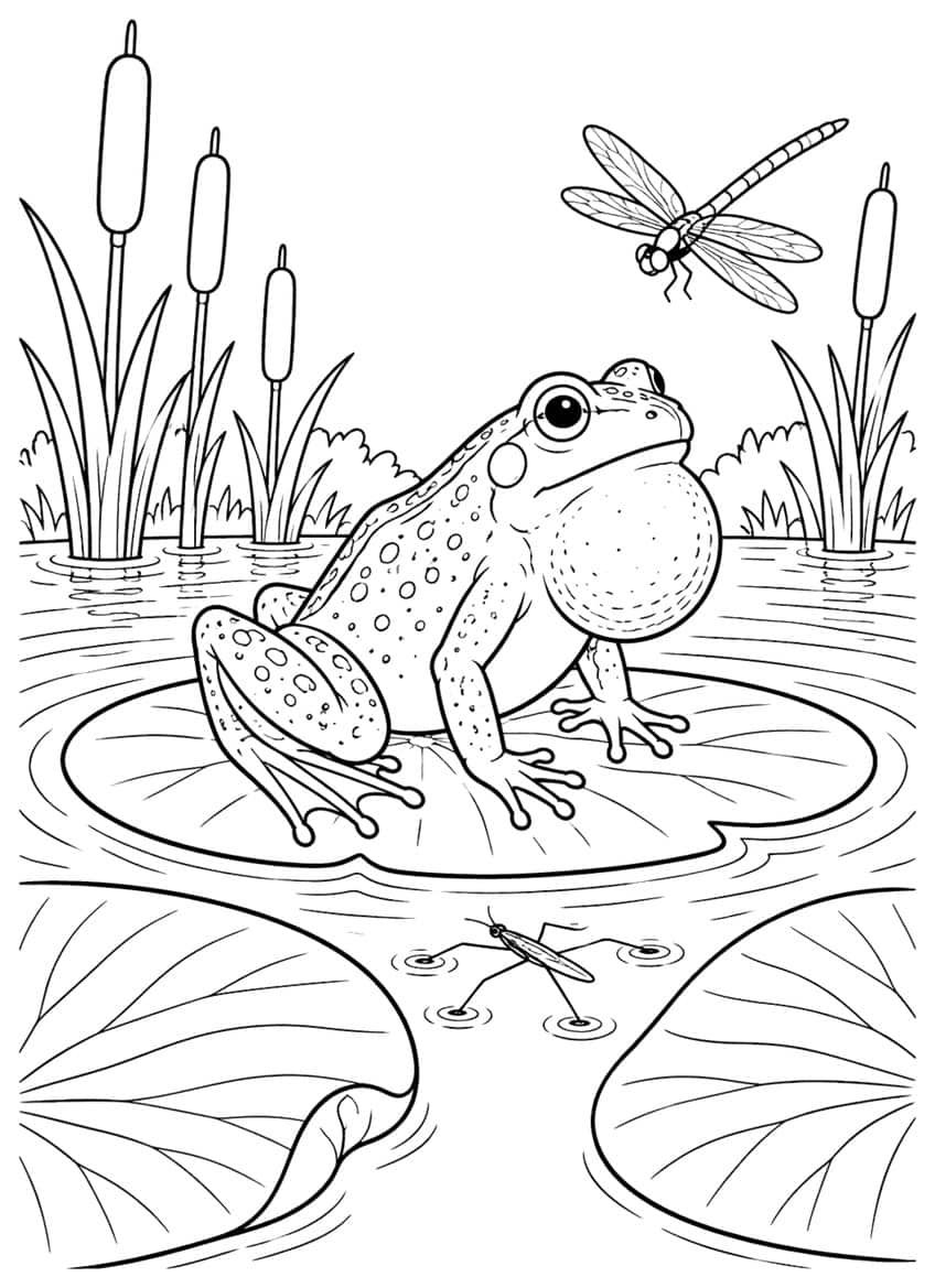Frog coloring page with a croaking frog on a lily pad, cattails, a dragonfly and a water strider