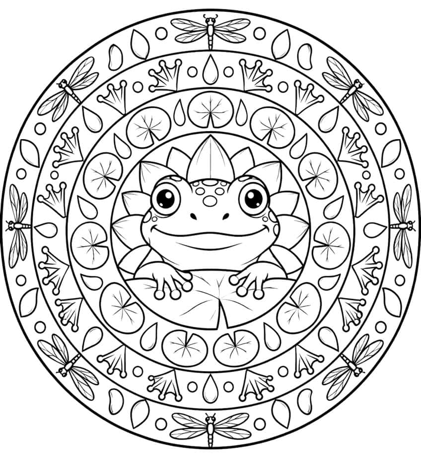 Frog mandala coloring page with lily pads, webbed feet and dragonflies in circular rings