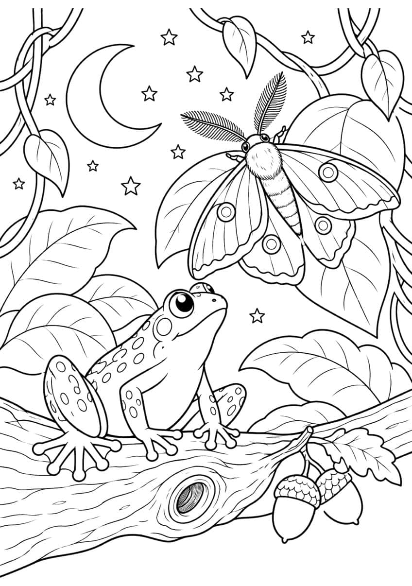 Coloring page of a spotted frog on a branch looking up at a moth under a crescent moon