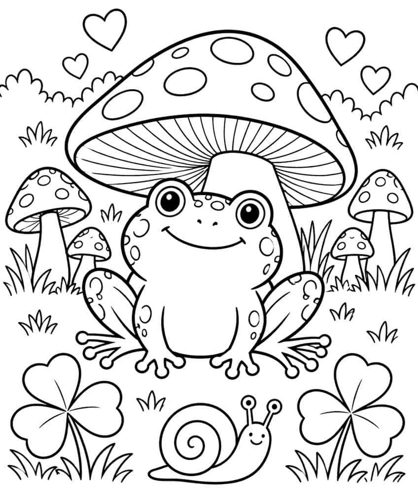 Coloring page of a smiling frog under a spotted mushroom with clovers, hearts and a snail