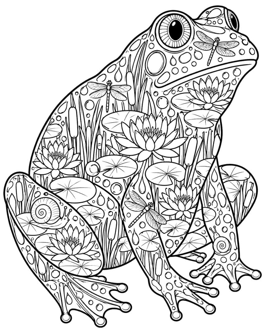 Frog coloring page with water lilies, cattails, dragonflies and snails patterned inside its body