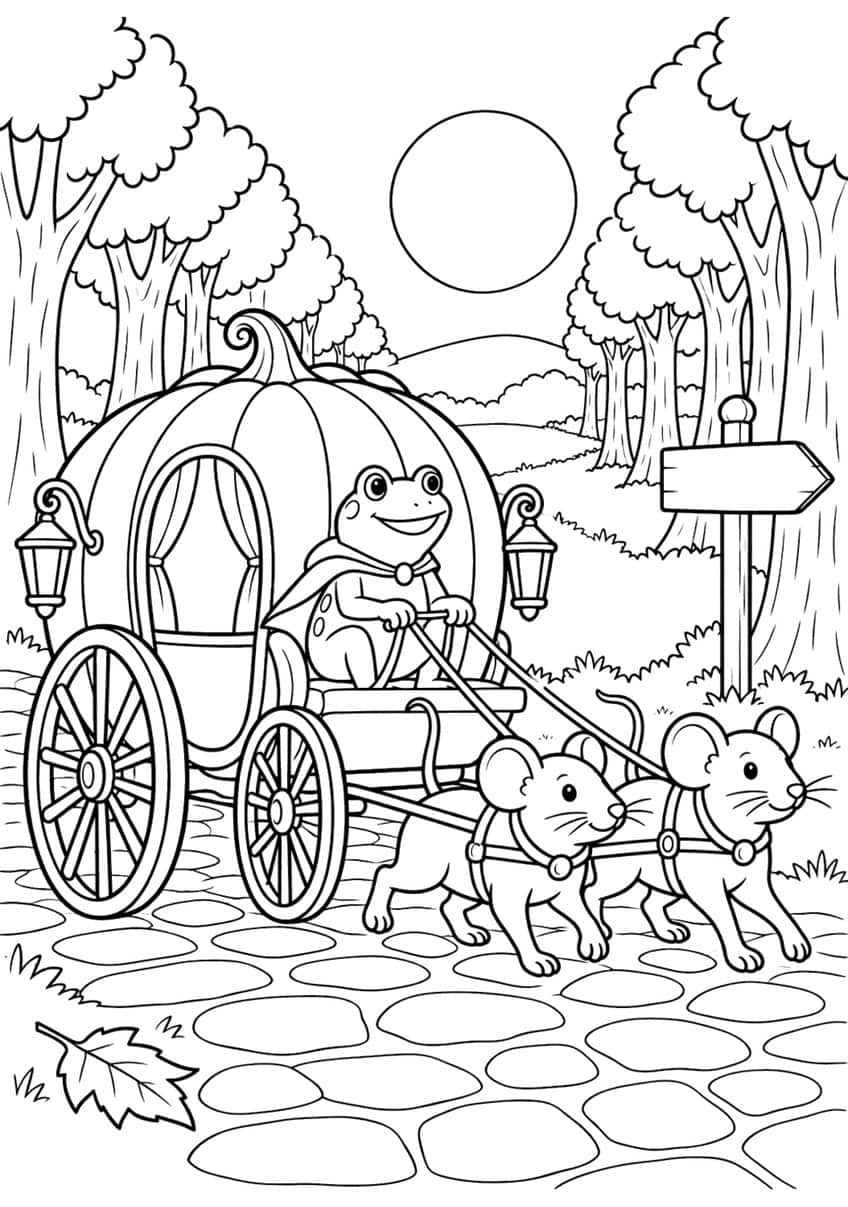 Frog in a cape driving a pumpkin coach pulled by two mice on a cobblestone forest path