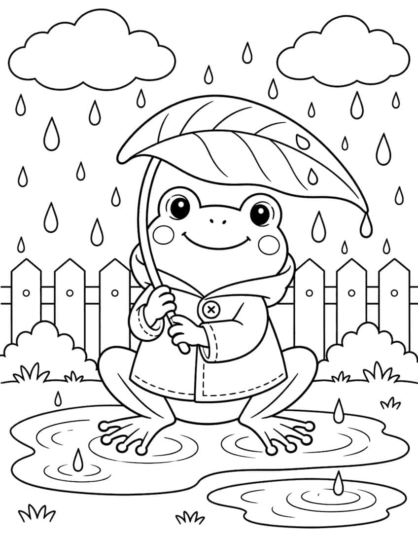 Coloring page of a frog in a raincoat under a leaf umbrella, standing in puddles on a rainy day