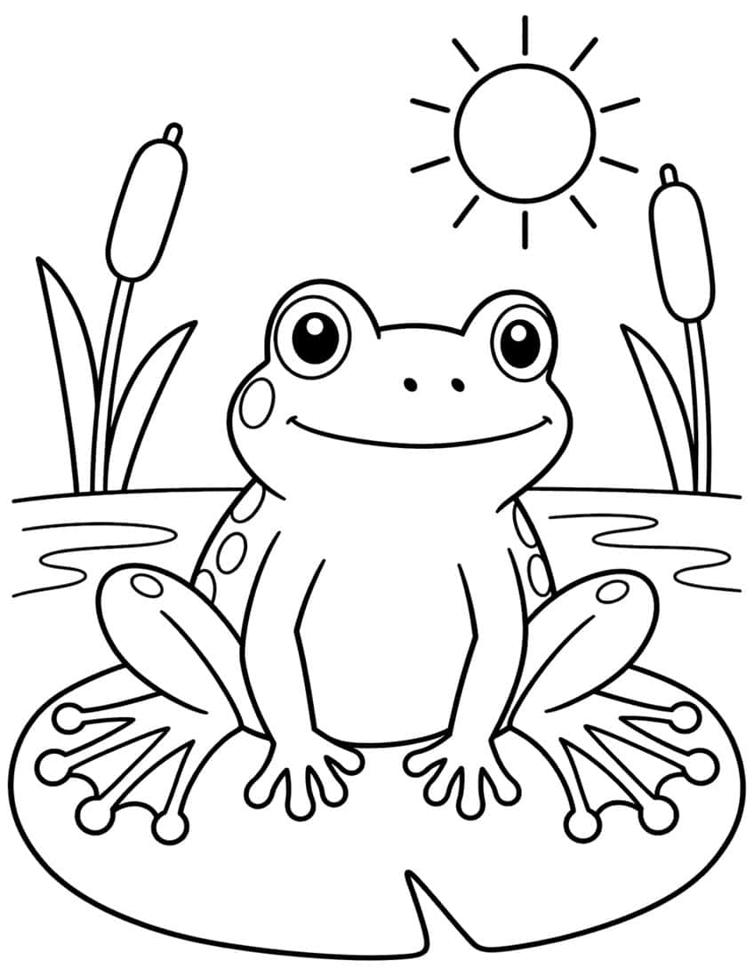 Smiling frog sitting on a lily pad between cattails under a shining sun, coloring page