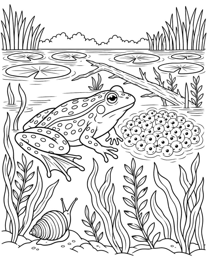 Coloring page of a spotted frog swimming by frogspawn in a pond, with a snail and water plants