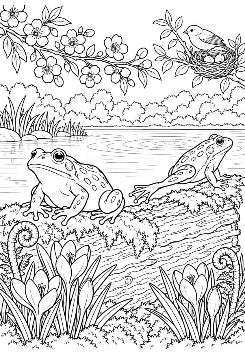 Coloring page of two spotted frogs on a mossy log by a pond, with crocuses and a bird nest