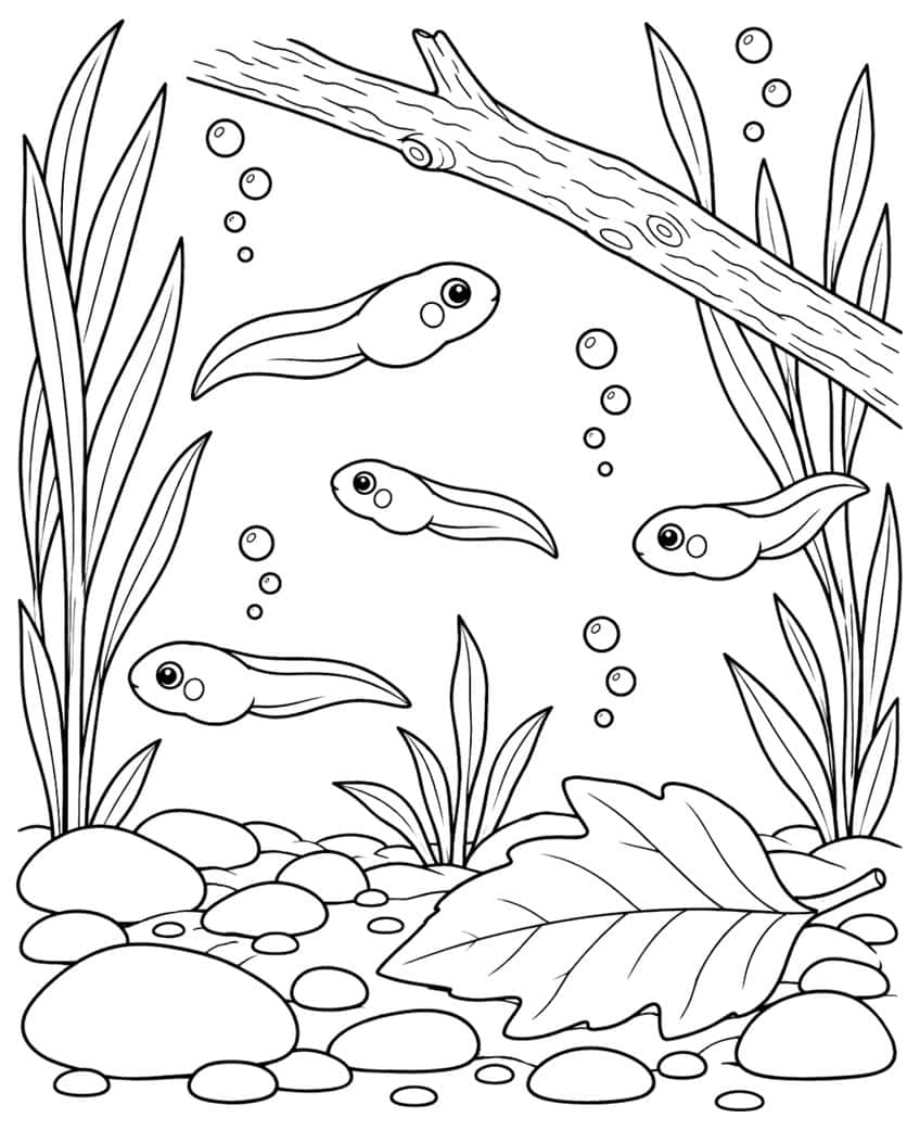 Coloring page of four tadpoles swimming under a branch among pond weeds, bubbles and pebbles