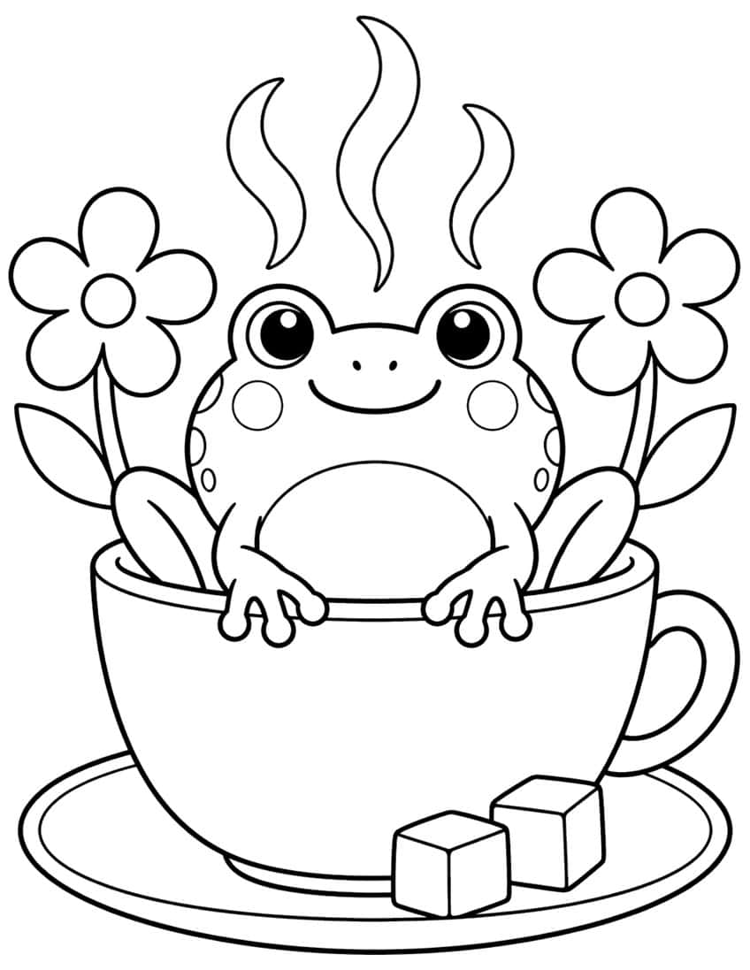 Coloring page of a smiling frog in a steaming teacup with sugar cubes and two flowers