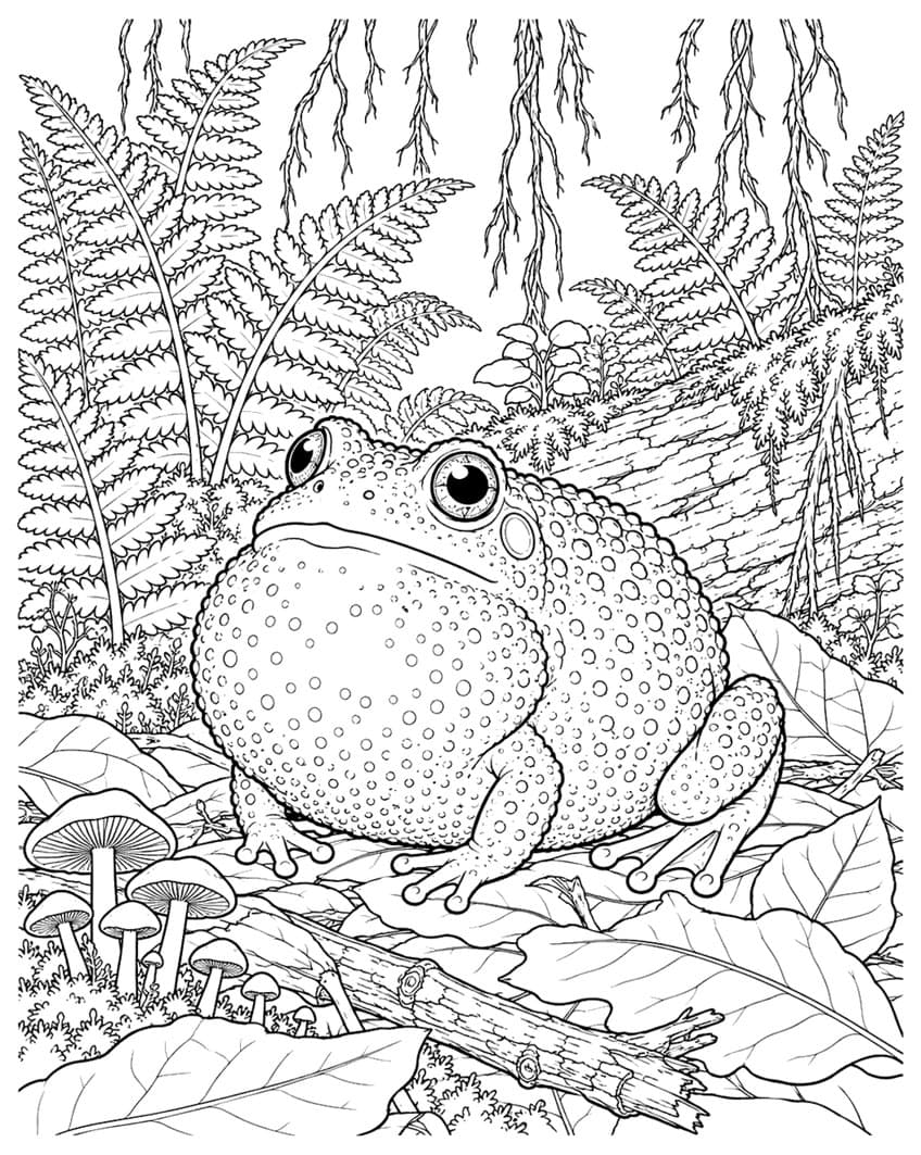 Coloring page of a round, dotted tomato frog on leaves among ferns, vines, a mossy log and mushrooms