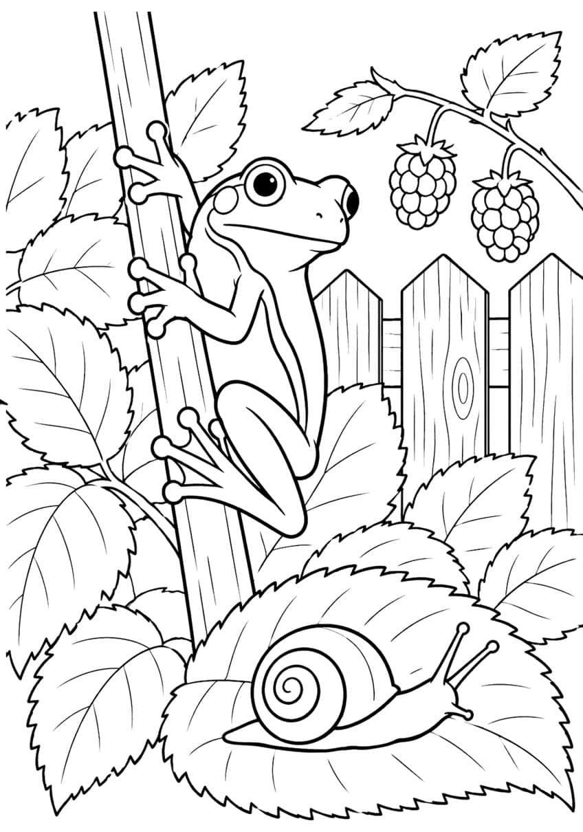 Tree frog climbing a stem near a wooden fence, with raspberries, leaves and a snail