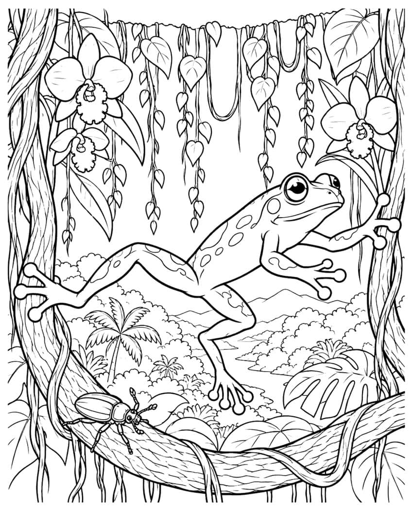 Frog coloring page with a frog leaping between jungle vines, orchids, a beetle and a palm valley