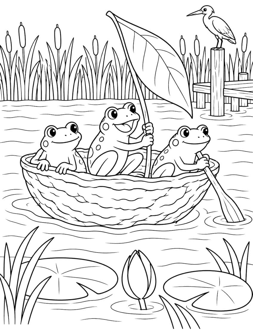 Coloring page of three frogs in a walnut shell boat with a leaf sail on a pond with cattails