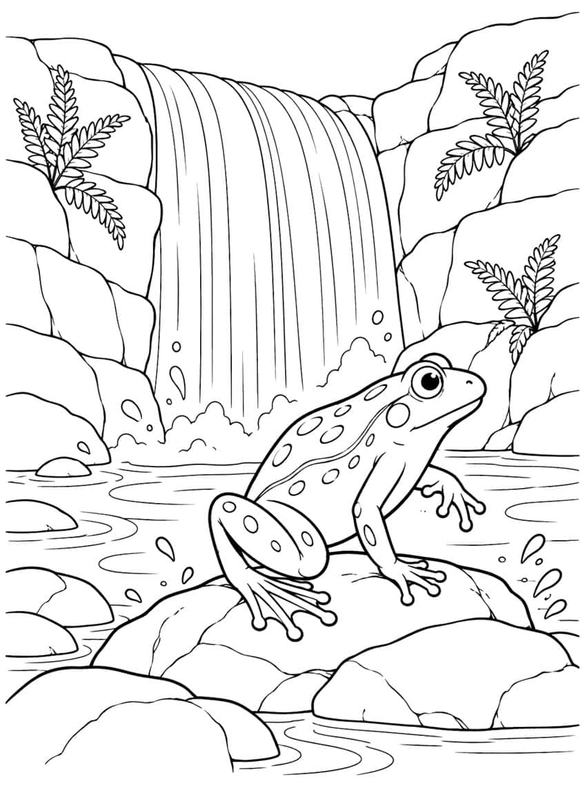Coloring page of a spotted frog on a rock in a stream in front of a waterfall with ferns