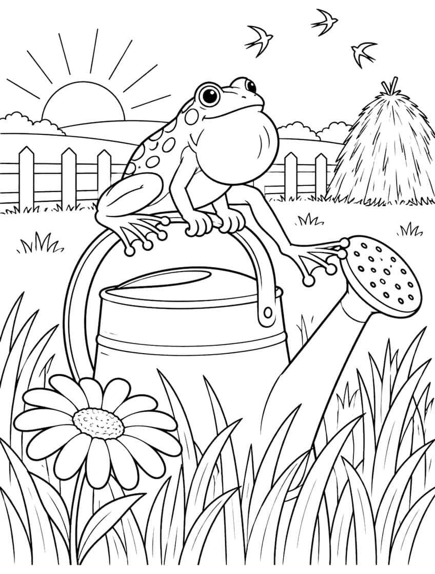 Coloring page of a spotted frog on a watering can in tall grass with a daisy, fence and haystack