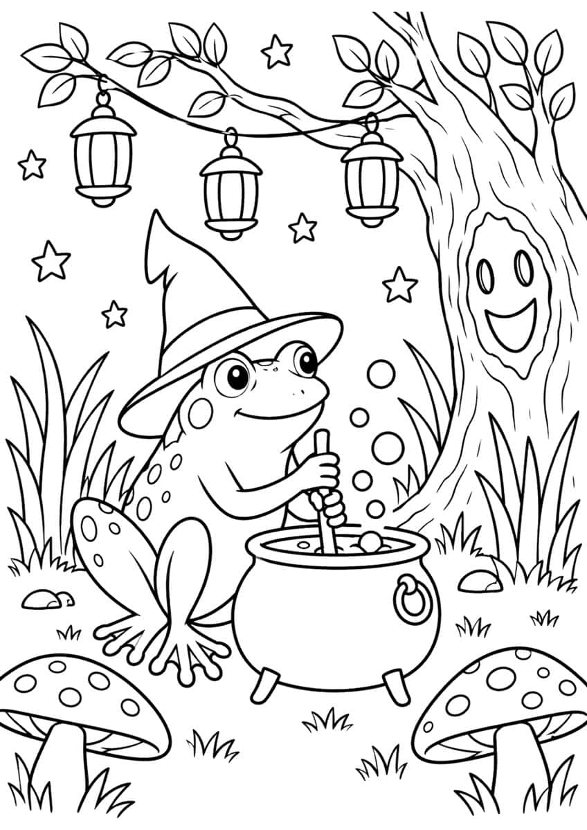 Coloring page of a frog in a witch hat stirring a cauldron beside a smiling tree and toadstools