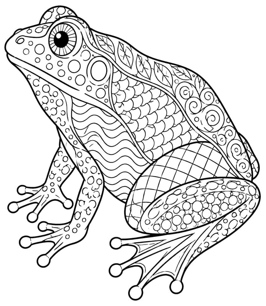 Zentangle frog coloring page with circles, waves, scales, leaves and swirl patterns