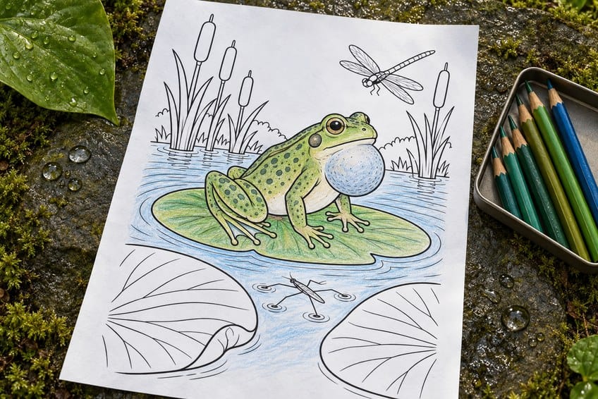frog coloring page partly colored in with pencils