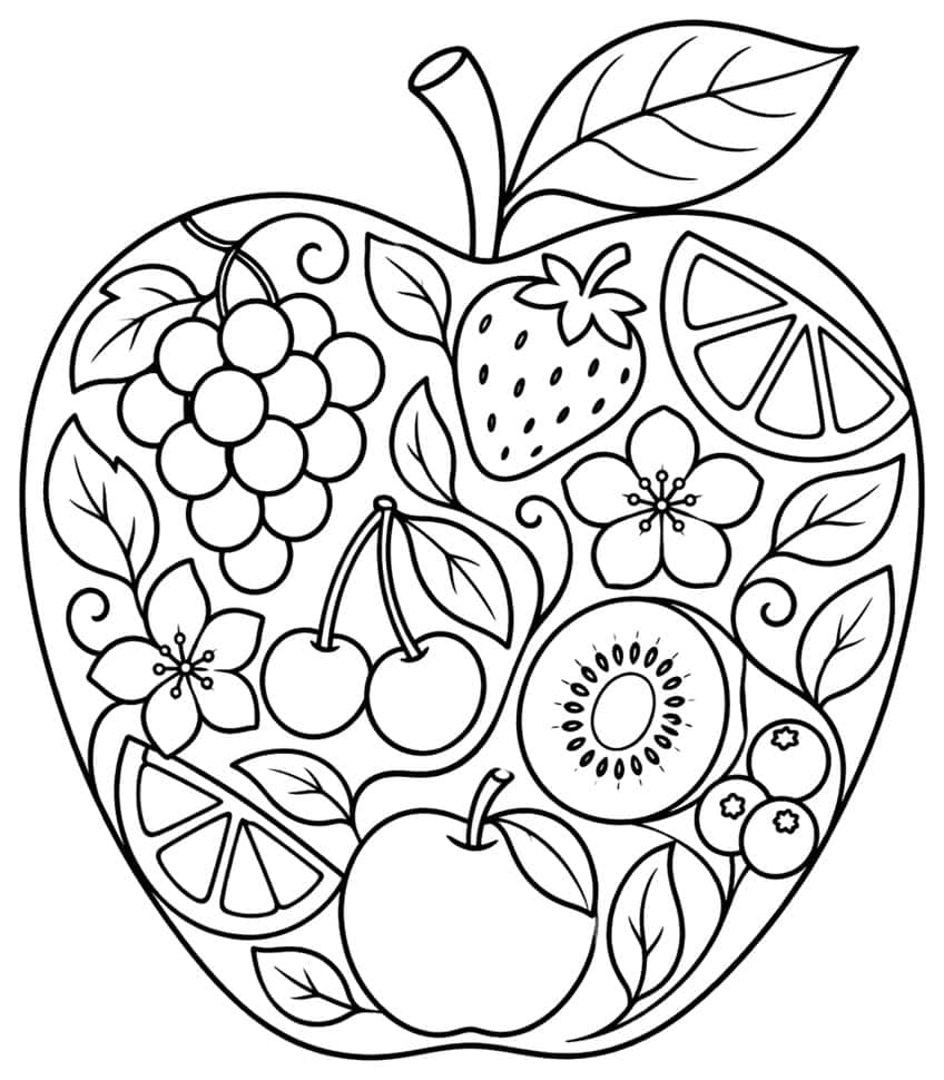 Apple outline filled with grapes, cherries, strawberry, citrus slices and kiwi