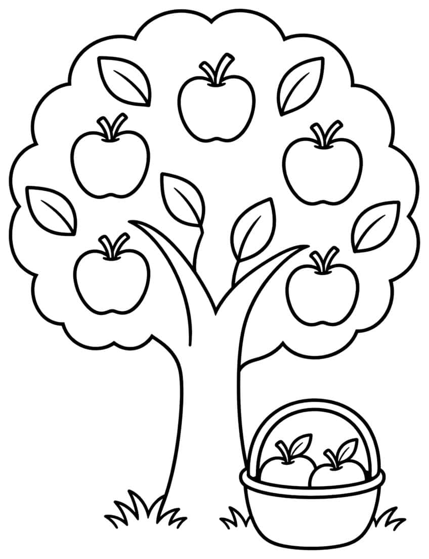 Apple tree with seven apples, leaves, grass, and a full apple basket