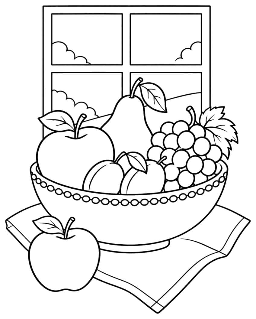 Bowl of apple, pear, plums and grapes on cloth before a window