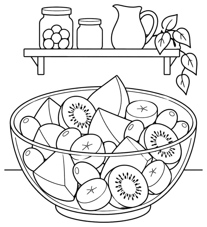 Glass bowl of fruit salad with kiwi, watermelon and banana slices under a shelf with jars and a pitcher