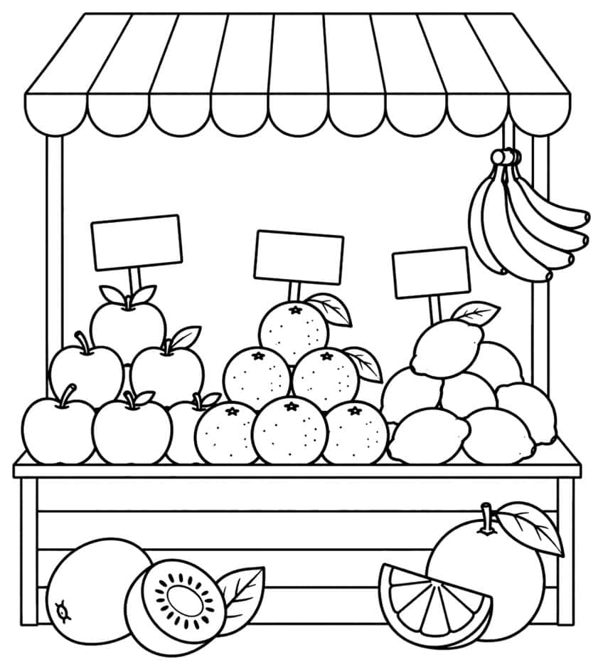 Fruit stall coloring page with apples, oranges, lemons, bananas, kiwi