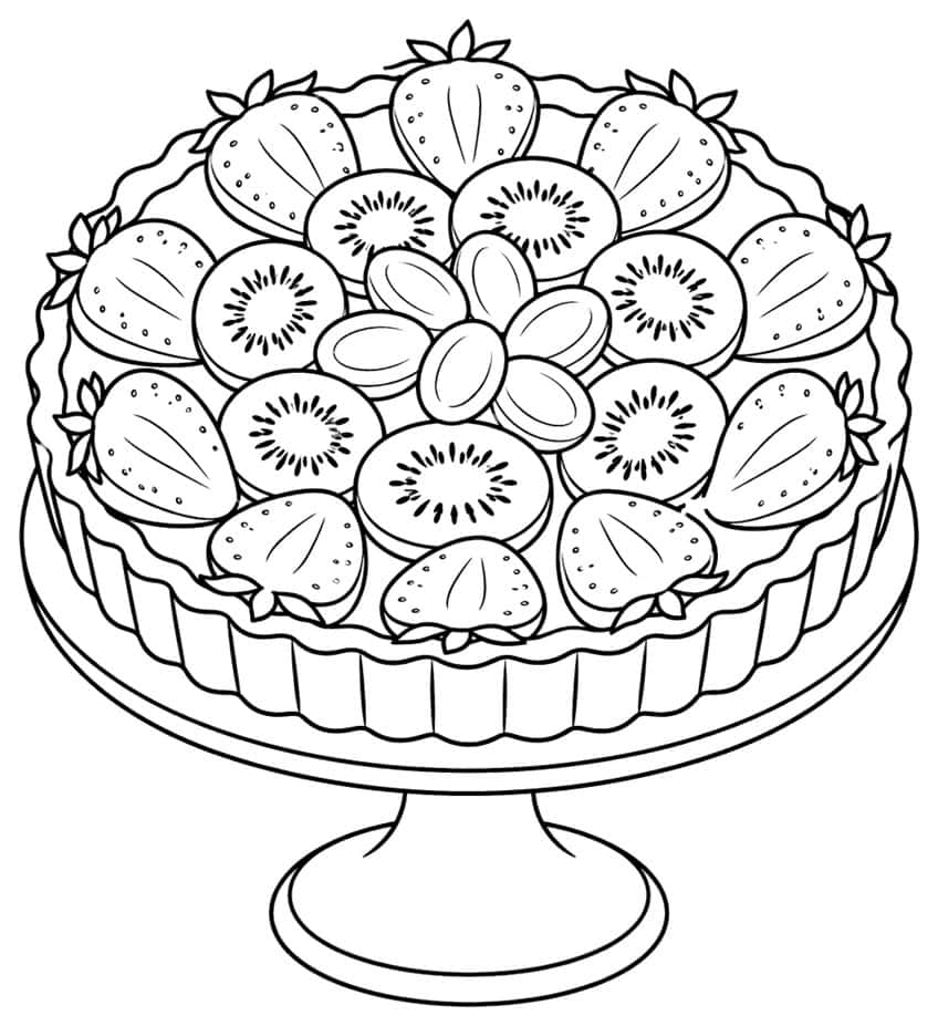 Fruit tart with strawberries and kiwi slices on a cake stand