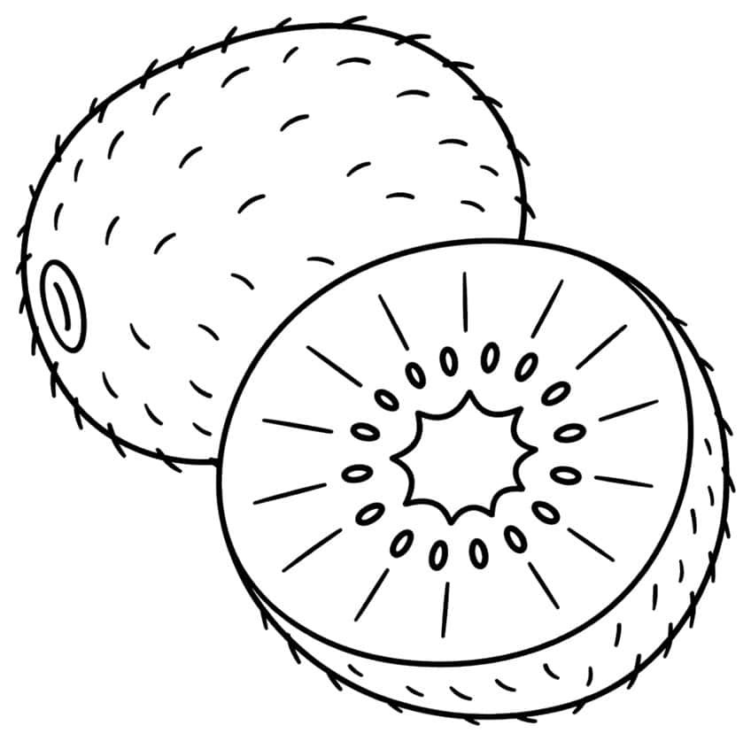 Whole kiwi and a kiwi half showing seeds and star-shaped core