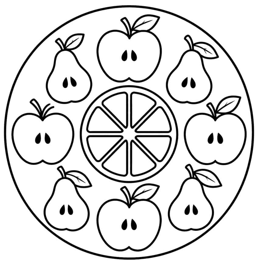 Mandala of alternating apples and pears around a sliced citrus circle