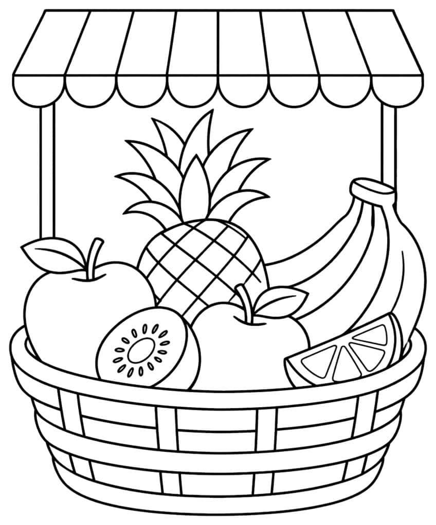 Basket under awning with pineapple, apples, bananas, kiwi half and orange wedge