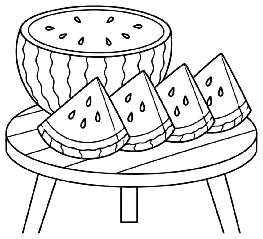 Whole watermelon and four watermelon slices on a round table