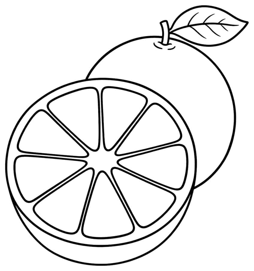 Whole orange with leaf beside a sliced round orange segment