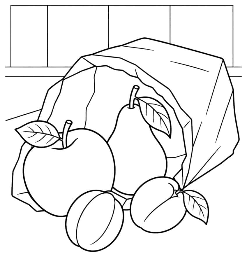 Tipped paper bag with apple, pear, orange and peach spilling out