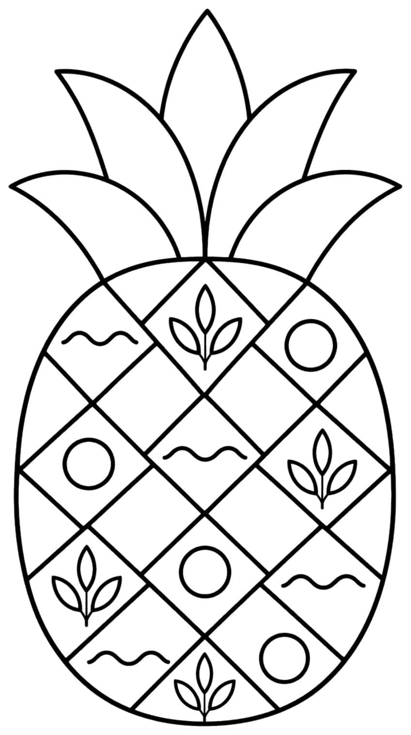 Pineapple coloring page with a diamond grid pattern of circles, waves and leaves