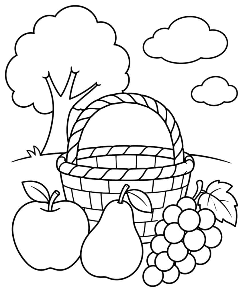 Coloring page of a woven fruit basket with apple, pear, grapes, tree and clouds