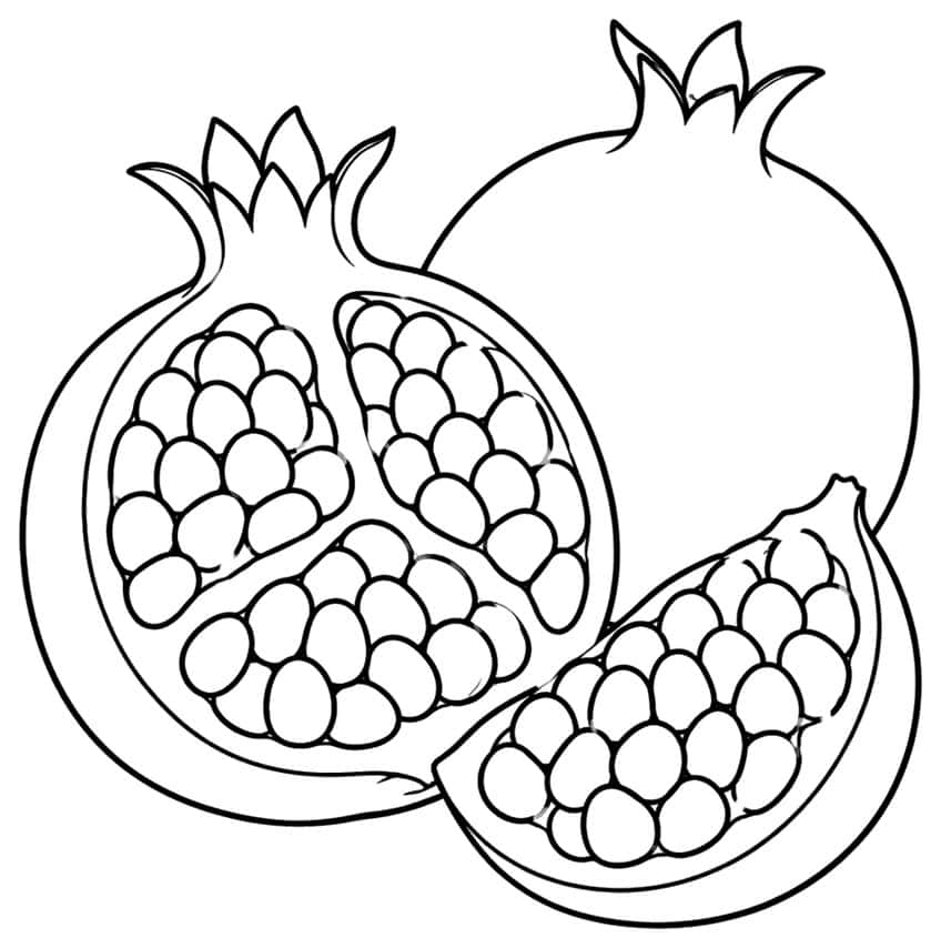 Coloring page of a whole pomegranate, a half, and a wedge showing seeds